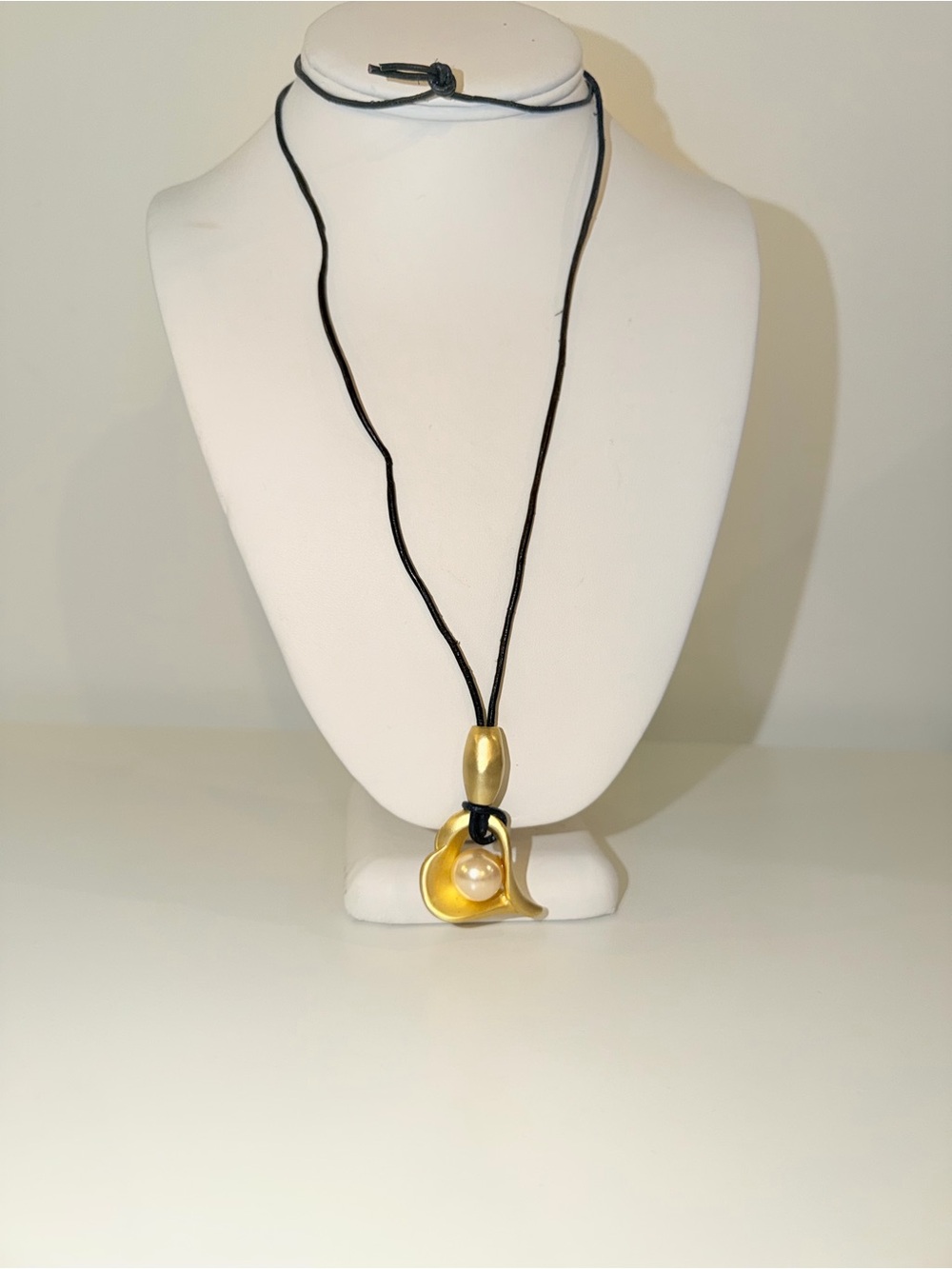 Brushed Gold-Tone Heart With Faux Pearl Pendant Necklace on Black Cord